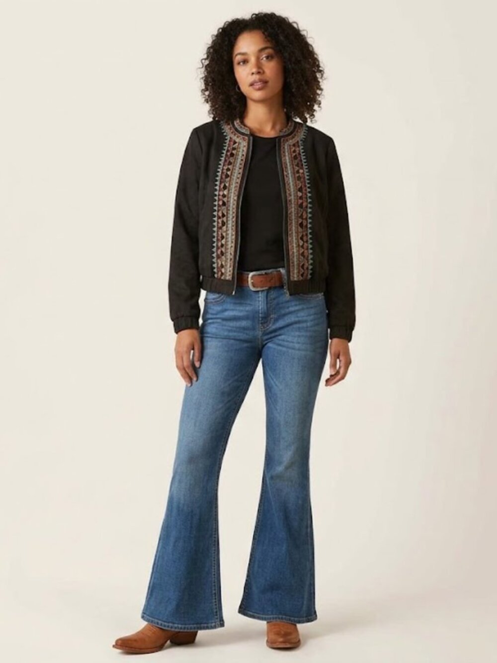 Ruff Hewn Black Faux Suede Embroidered Bomber Jacket Boho Southwestern Size S